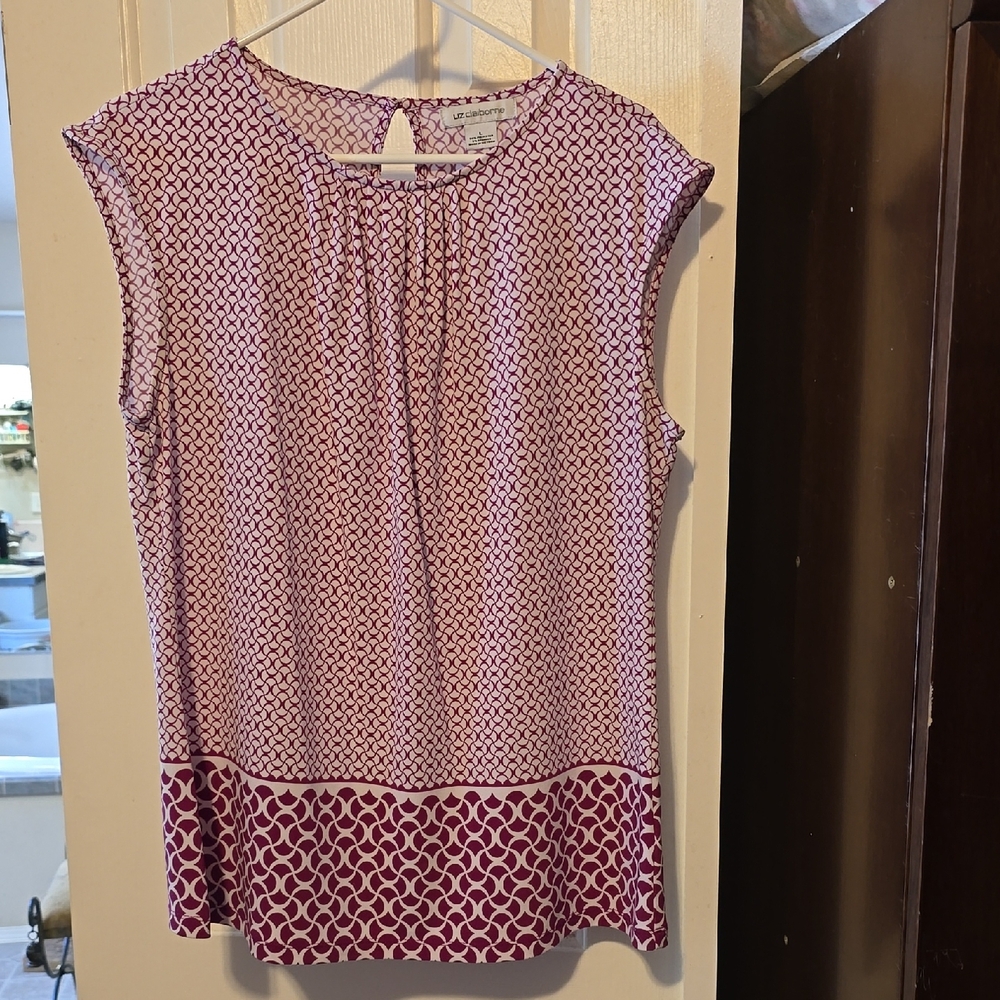 Liz Claiborne Geometric Print Sleeveless Blouse - White and Purple